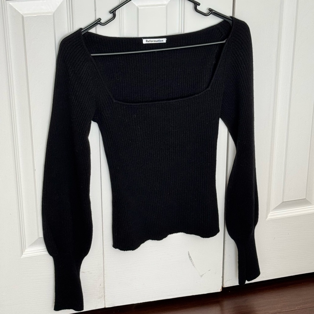 Reformation Cashmere Wool Black Ribbed Knit Square Neck Sweater Top Women’s
